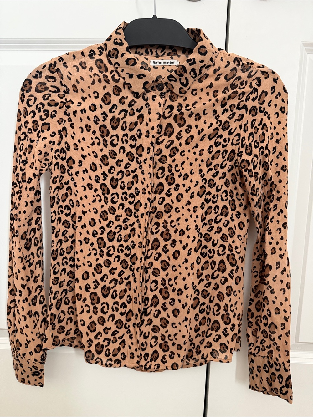 Reformation Leopard Print Button-Down Shirt in Tan and Black